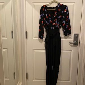 Ann Taylor jumpsuit floral wrap top black wide leg 3/4 sleeve.